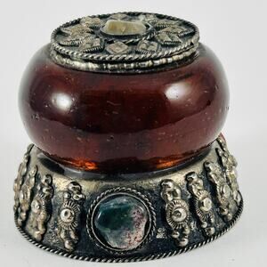 Vintage Boho Style Amber Glass Trinket Box 2.5” Ornate Metal w/ Cabochons